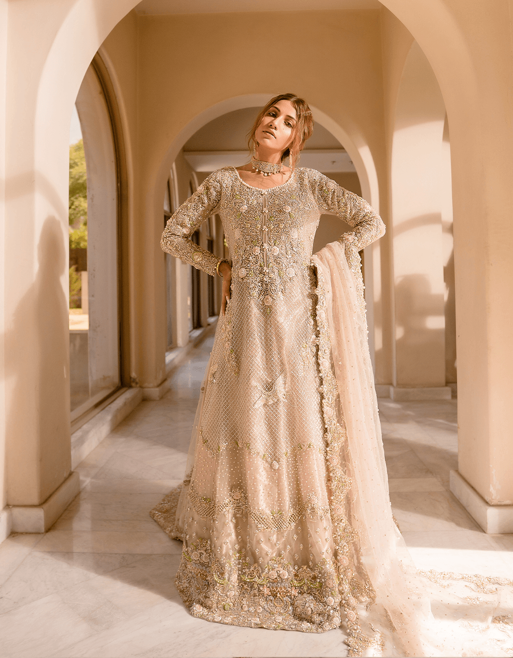 Ivory Silver Embroidered Net Bridal Gown (2-Piece) - Image 2