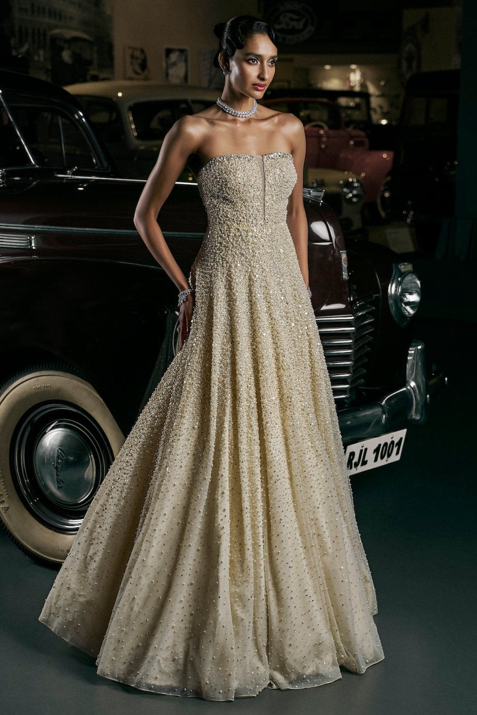 Indian Ivory Pearl-Embellished Net Gown (1-Pc) - Image 1