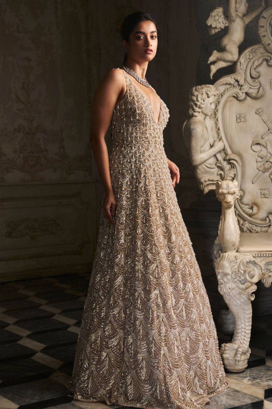 Nude Pearl-Tasselled Net Gown (1-Pc) - Image 1