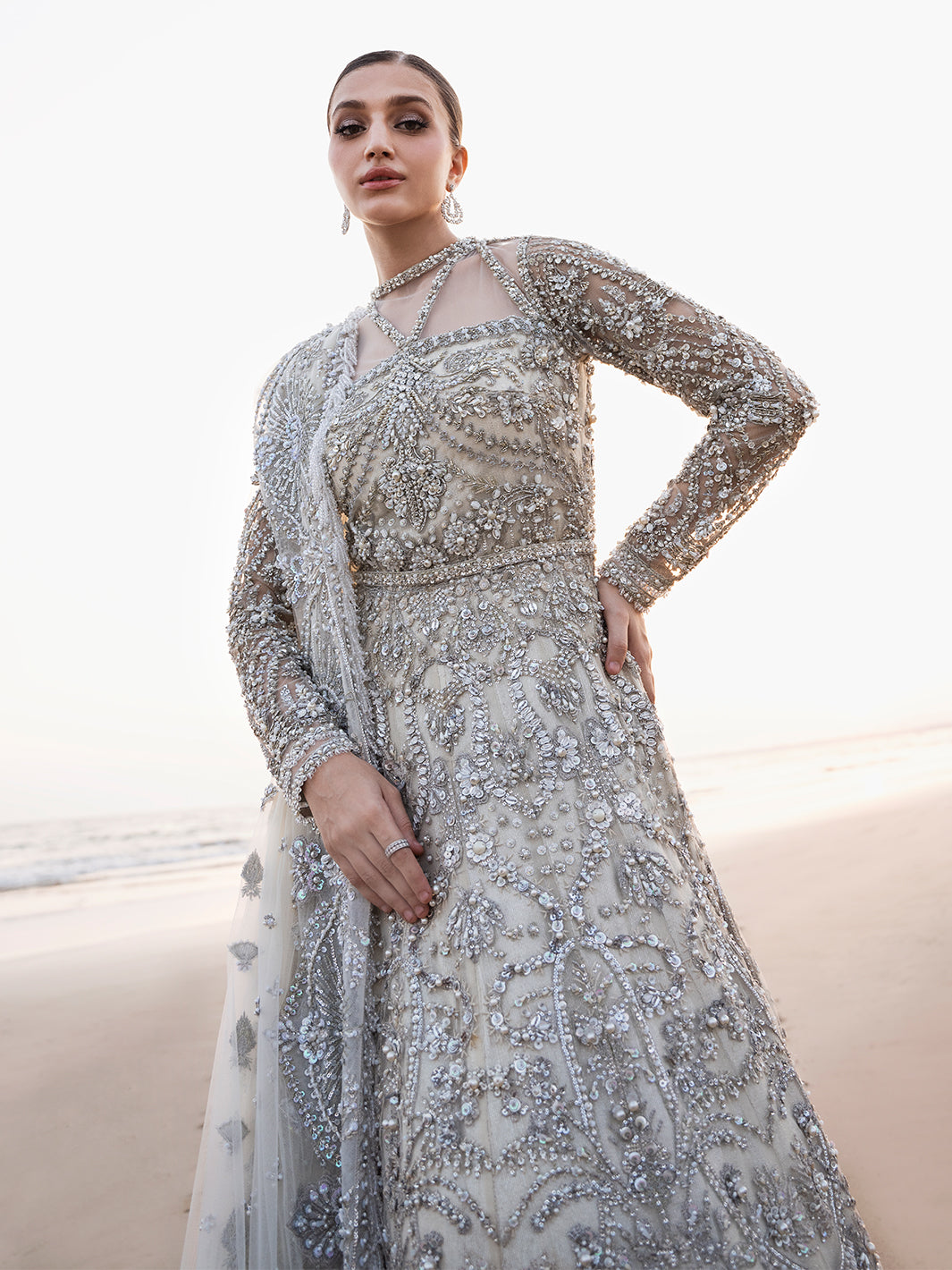 Ivory White Embellished Net Bridal Gown (2-Piece) - Image 7