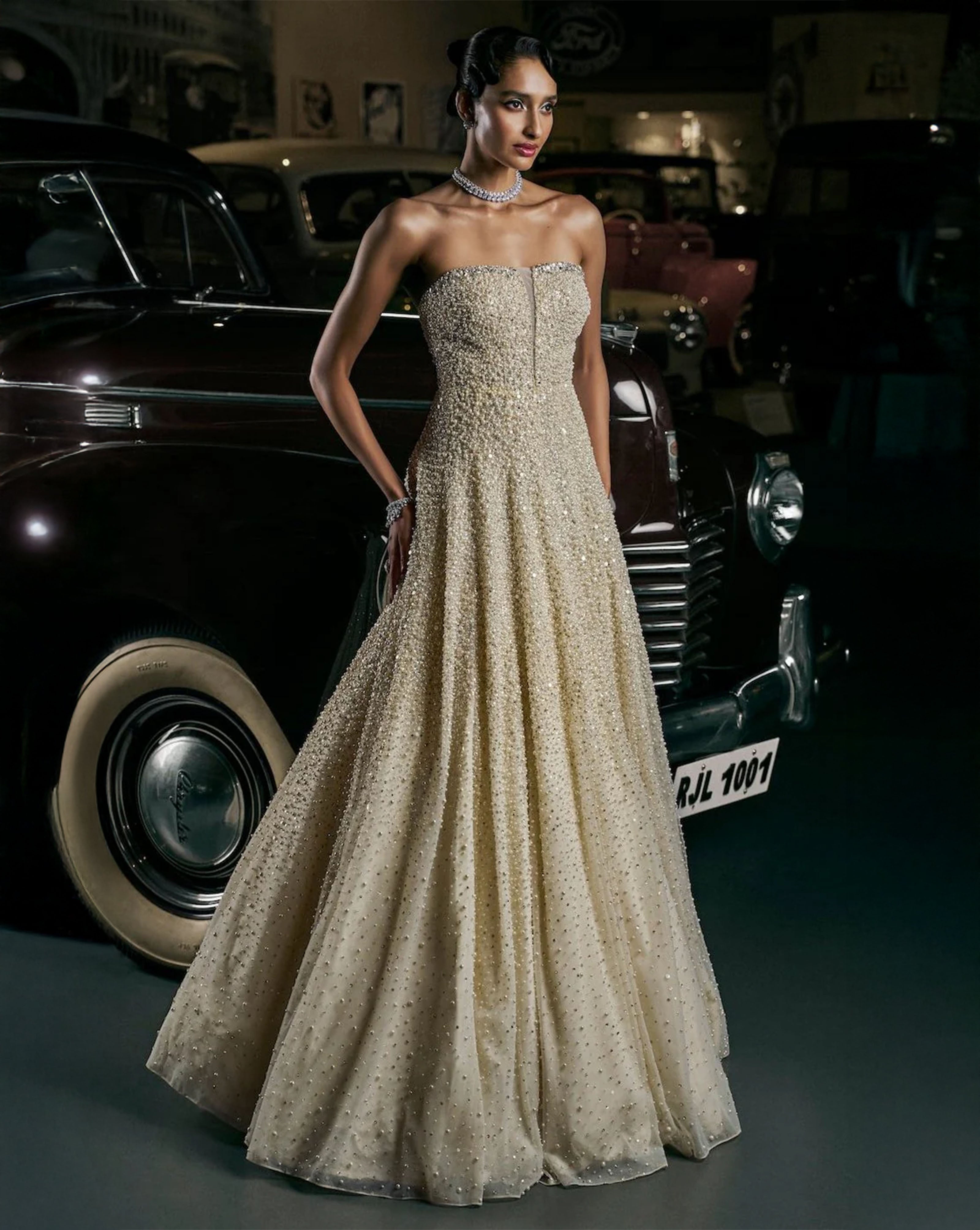 Indian Ivory Pearl & Diamanté Net Gown (1-Pc) - Image 1