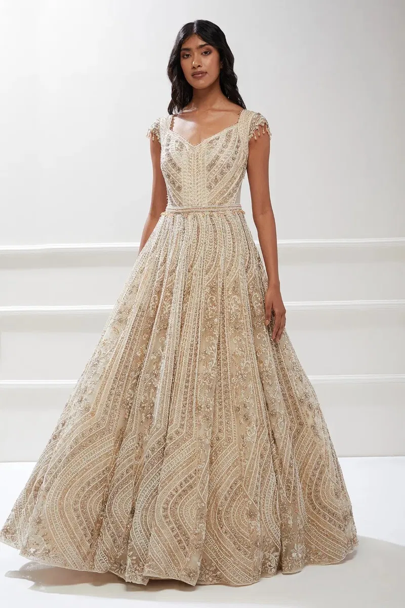 Indian Cream Embellished Net Bridal Gown (1-Pc) - Image 1