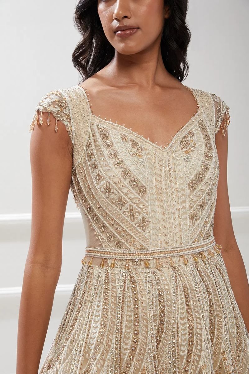 Indian Cream Embellished Net Bridal Gown (1-Pc) - Image 2