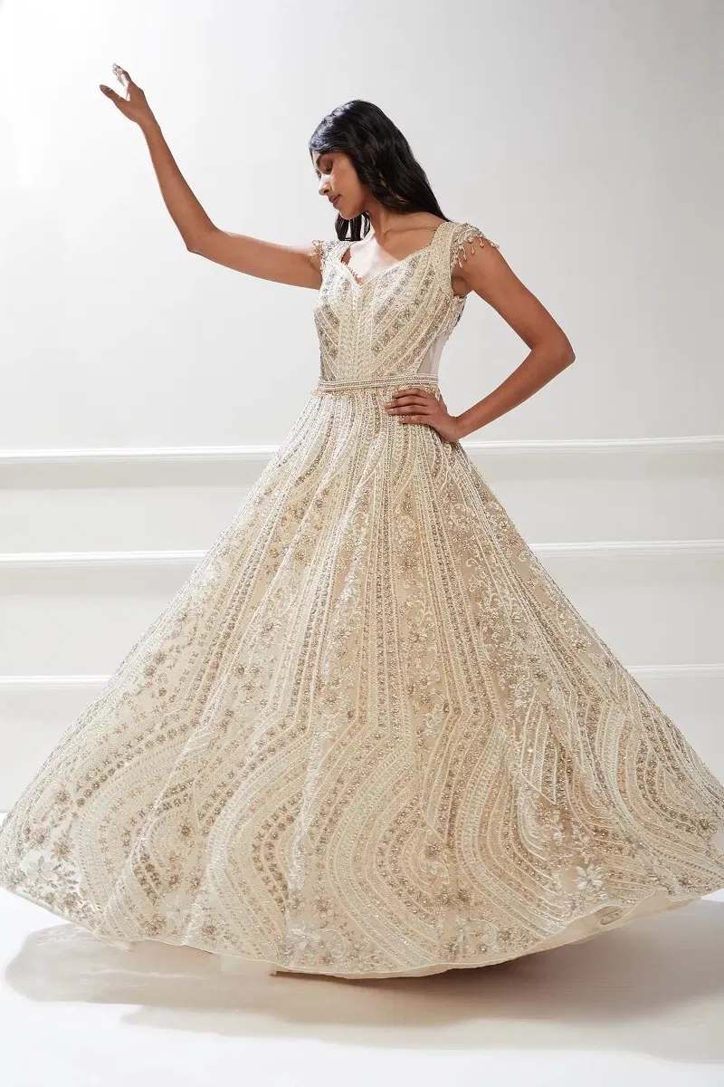 Indian Cream Embellished Net Bridal Gown (1-Pc) - Image 3