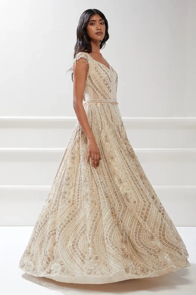 Indian Cream Embellished Net Bridal Gown (1-Pc) - Image 4