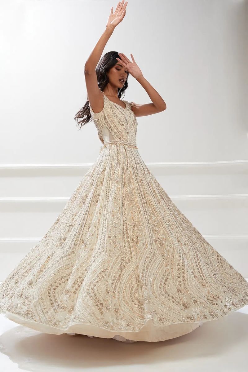 Indian Cream Embellished Net Bridal Gown (1-Pc) - Image 6