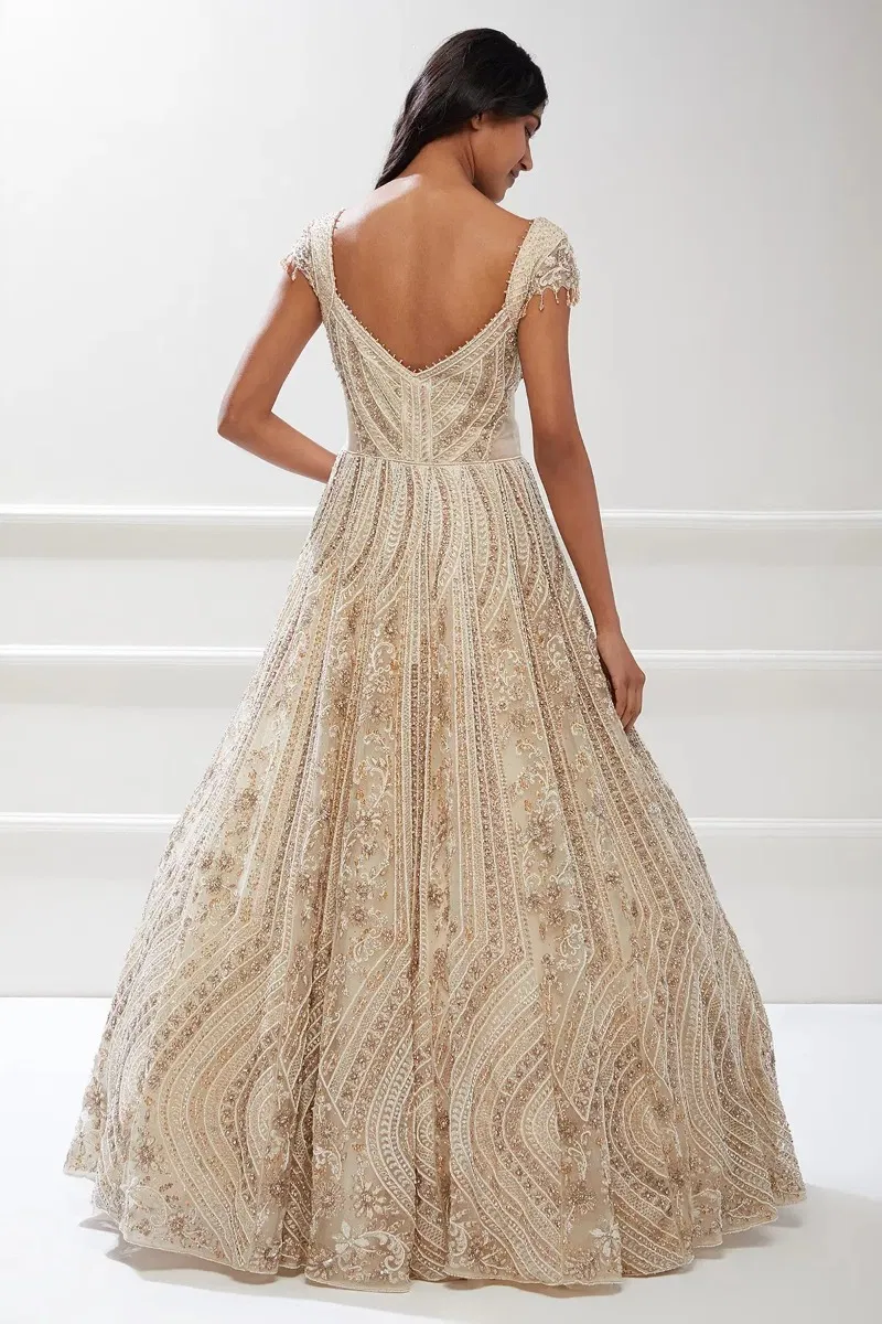 Indian Cream Embellished Net Bridal Gown (1-Pc) - Image 8