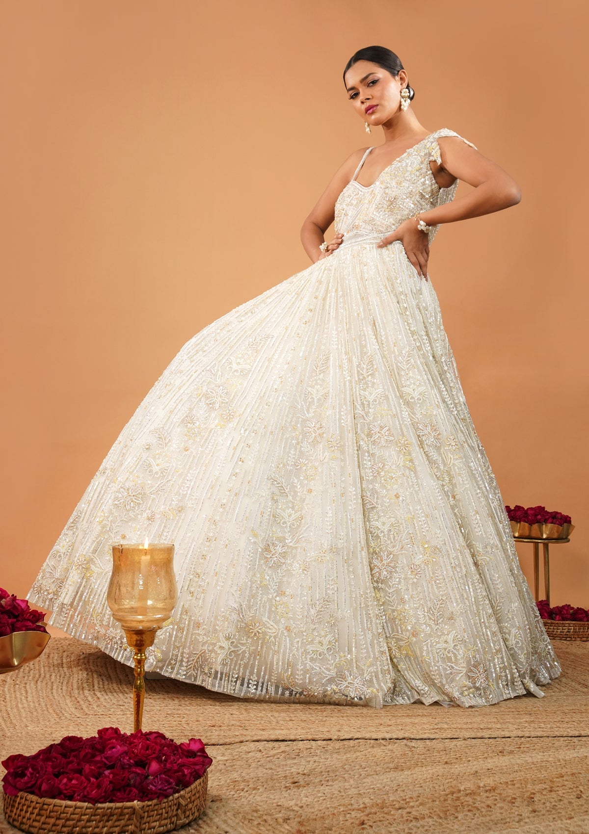 Off White Sequin Embroidered Net Gown (1-Pc) - Image 1