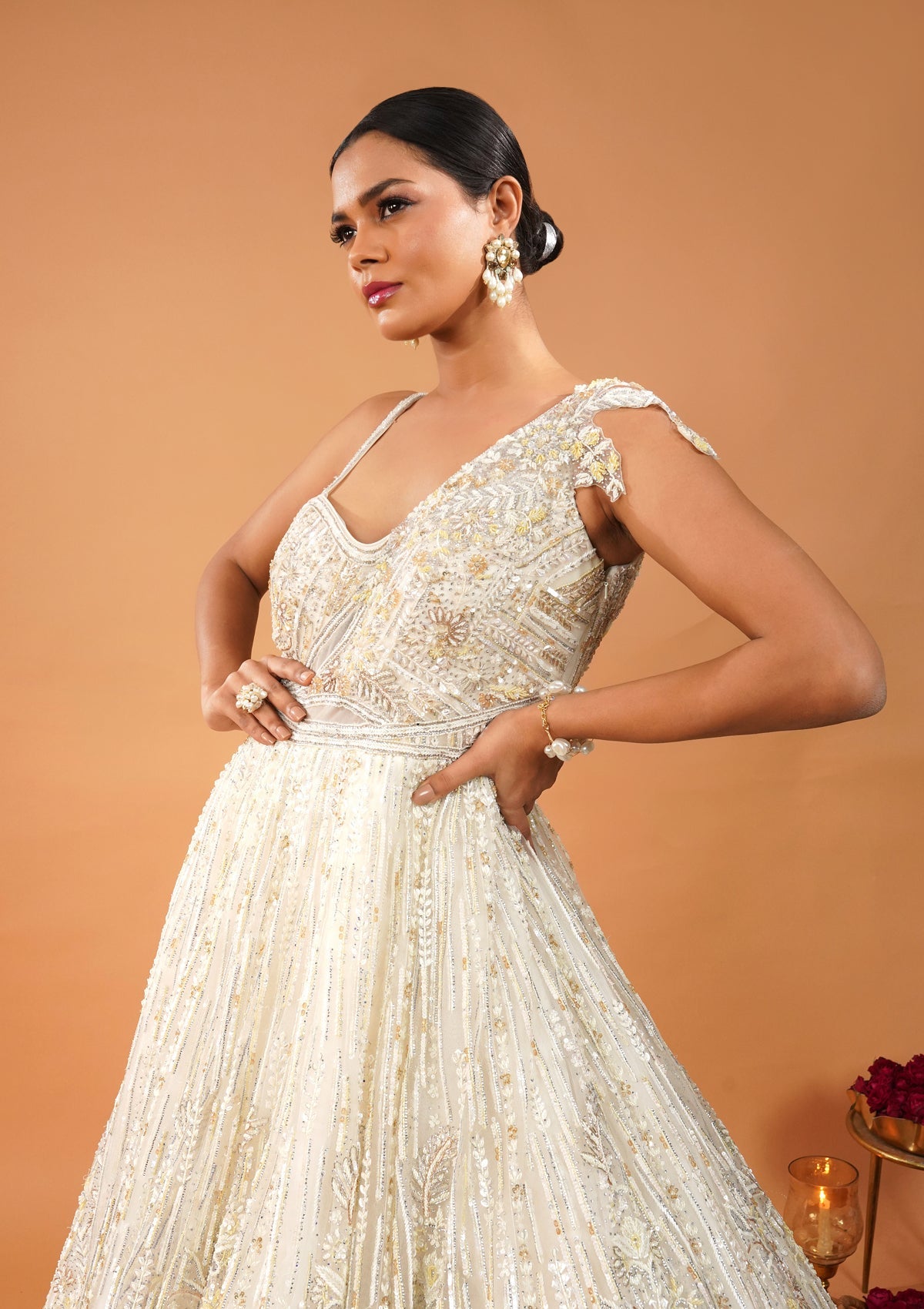 Off White Sequin Embroidered Net Gown (1-Pc) - Image 3