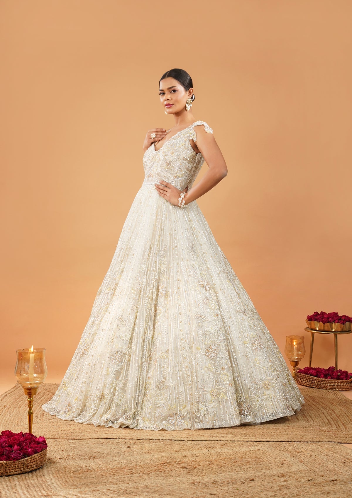 Off White Sequin Embroidered Net Gown (1-Pc) - Image 4