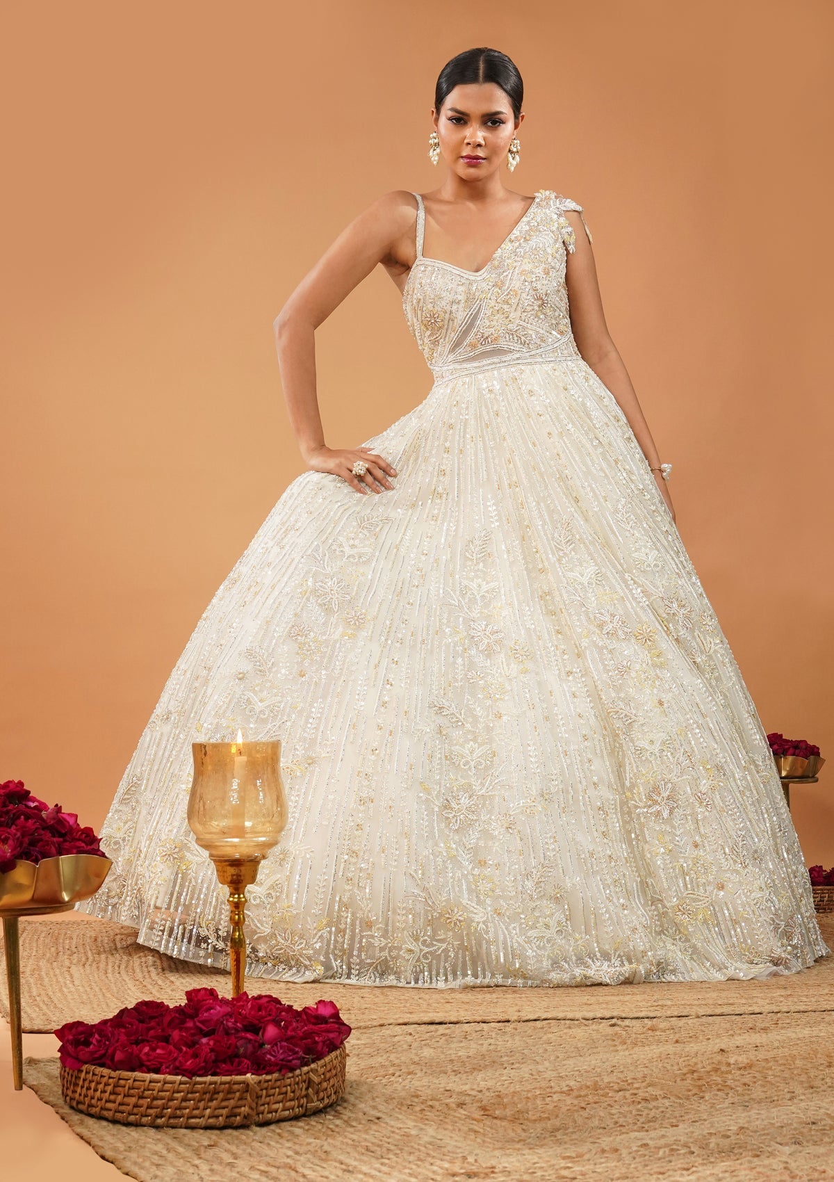 Off White Sequin Embroidered Net Gown (1-Pc) - Image 5