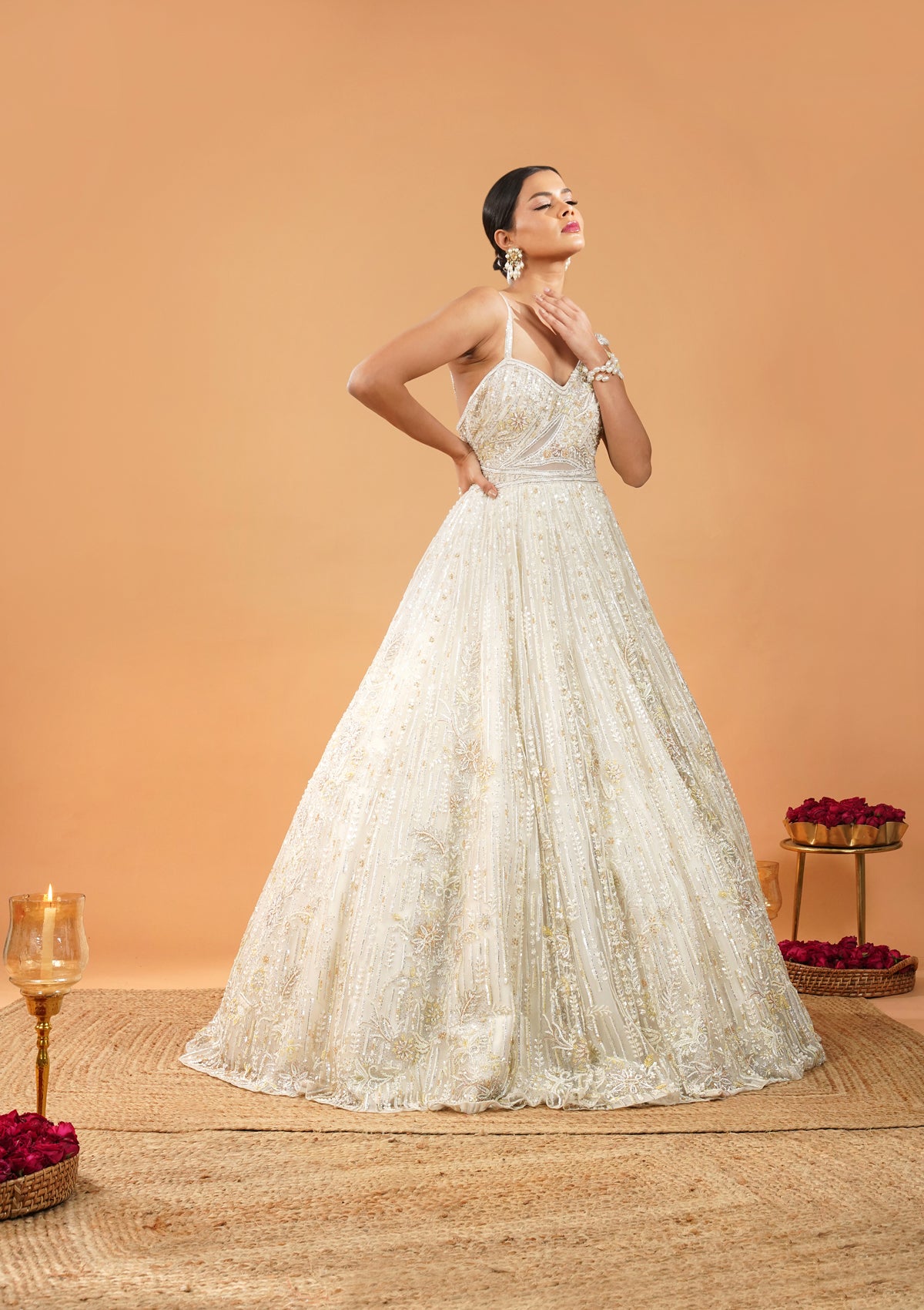 Off White Sequin Embroidered Net Gown (1-Pc) - Image 6