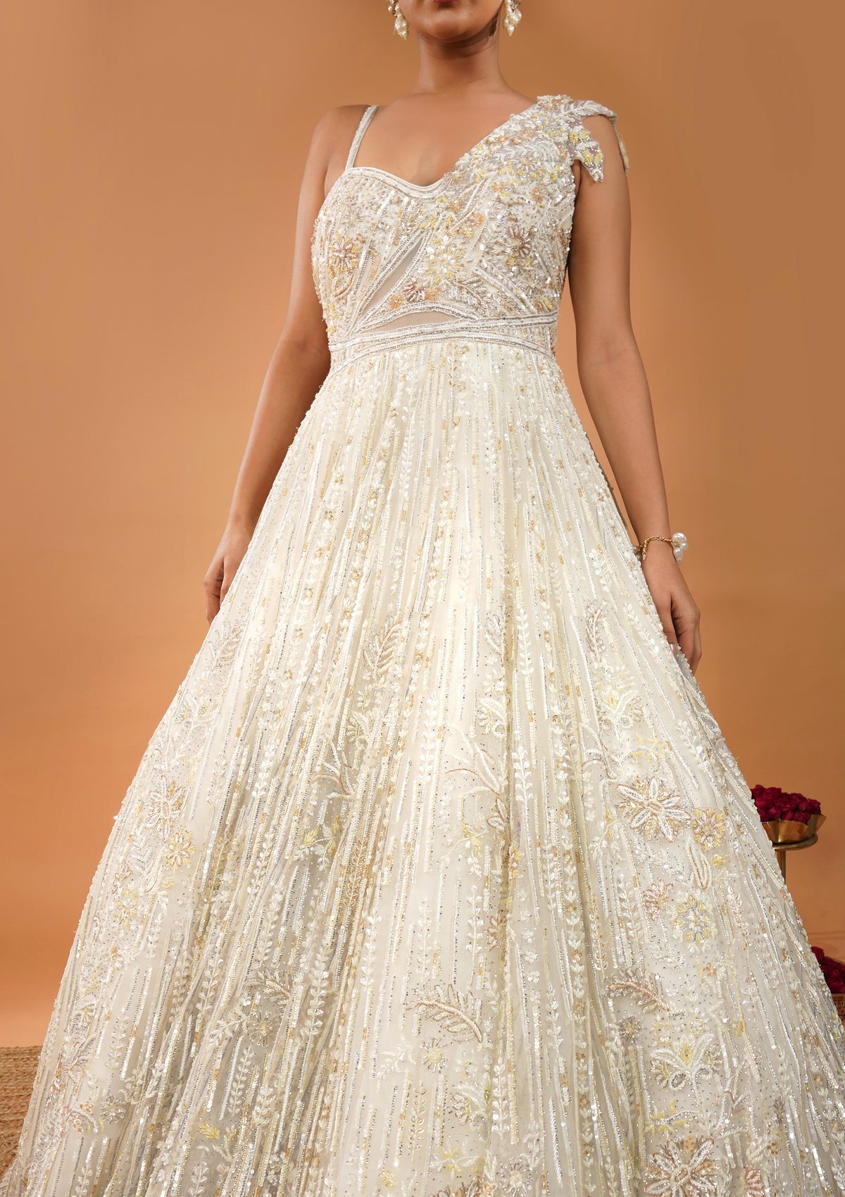 Off White Sequin Embroidered Net Gown (1-Pc) - Image 7