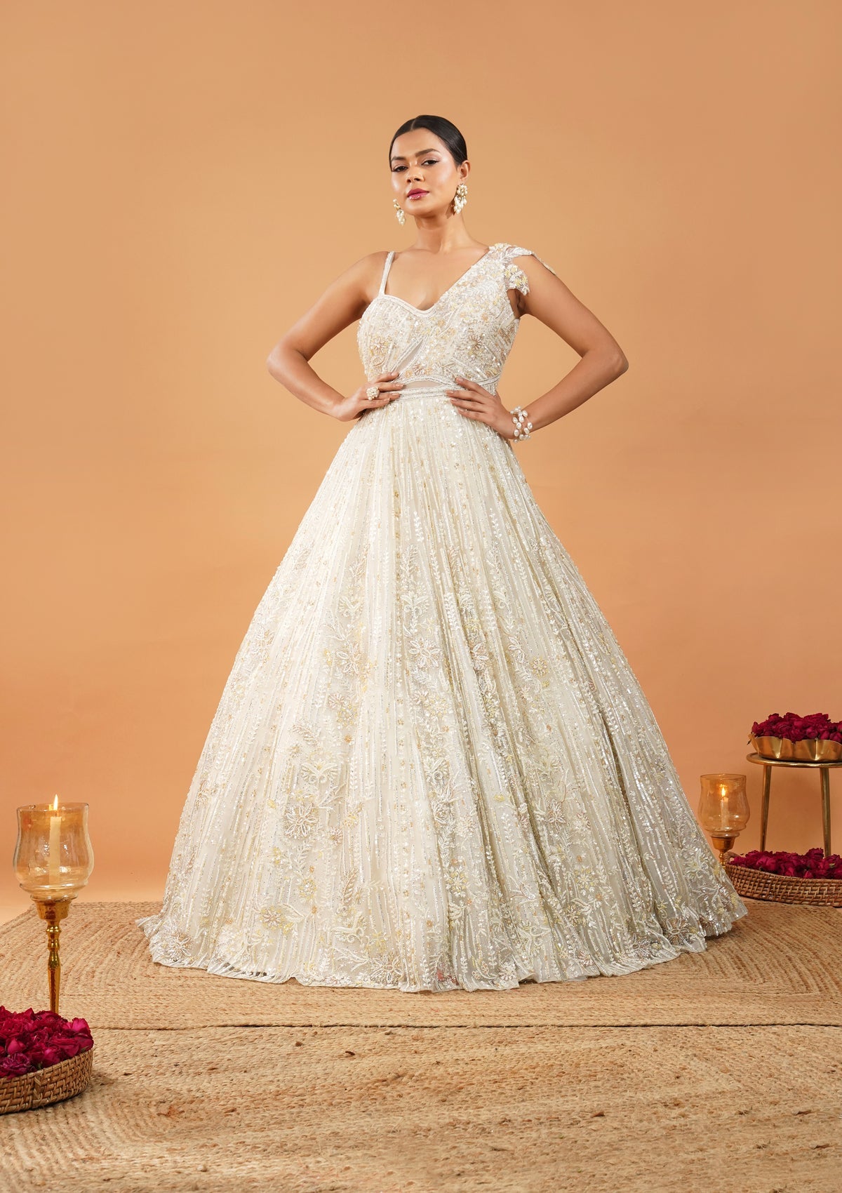 Off White Sequin Embroidered Net Gown (1-Pc) - Image 8