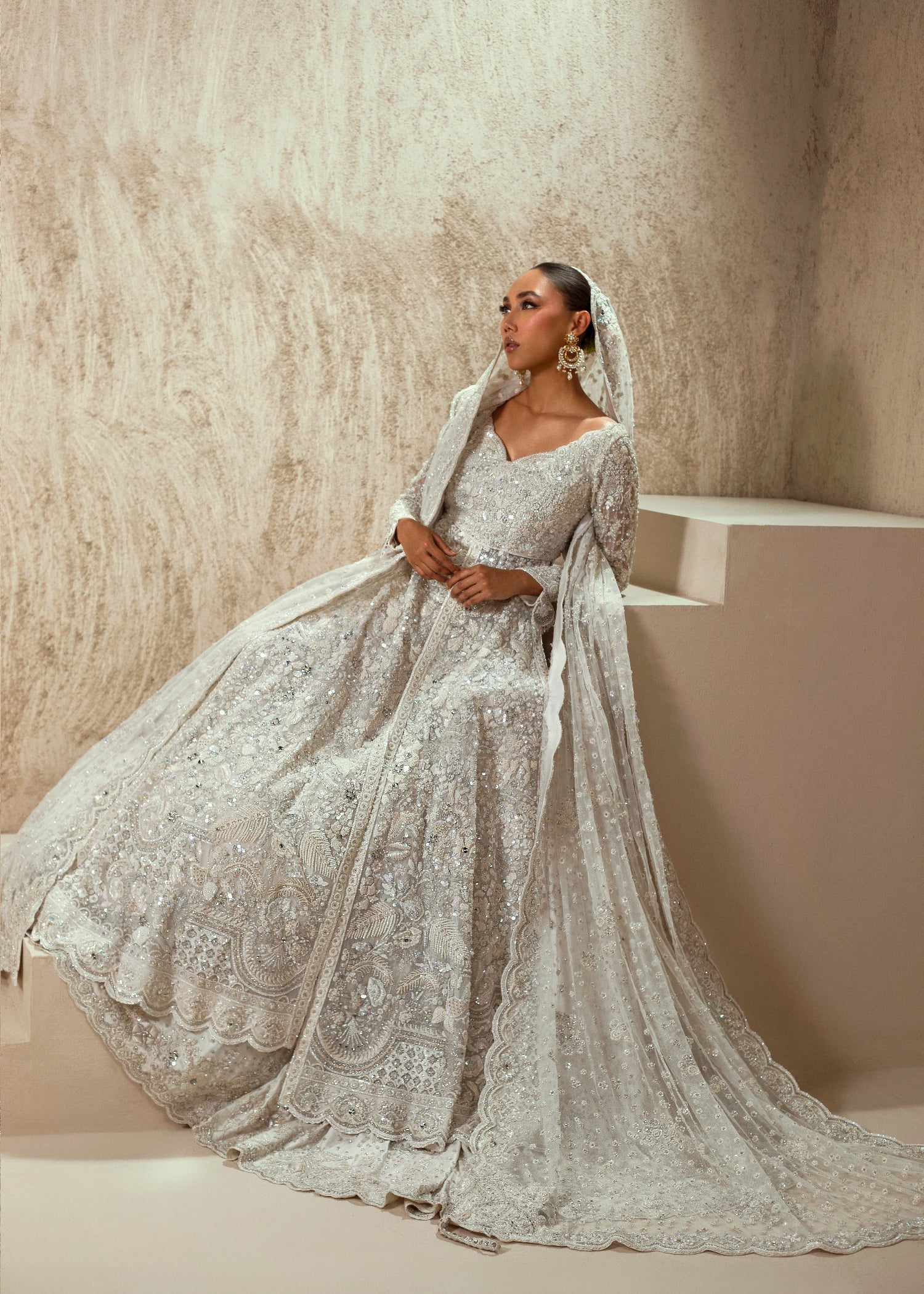 Ivory Embellished Net Organza Bridal Gown (2-Piece) - Image 1