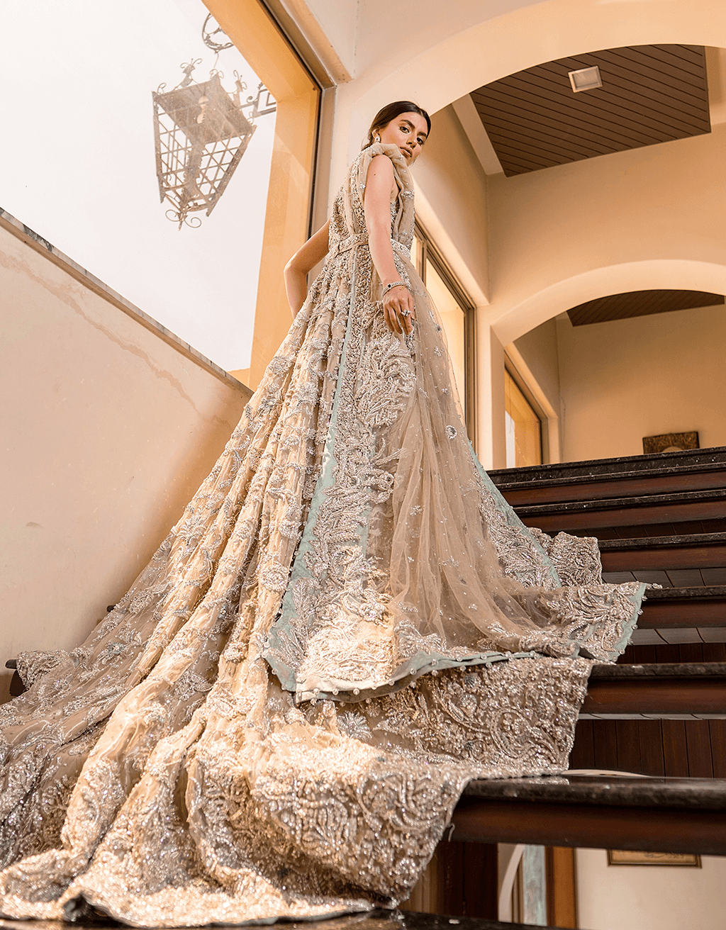 Ivory Beige Embellished Net Gown (2-Piece) - Image 1