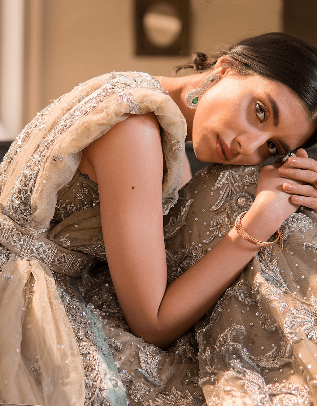 Ivory Beige Embellished Net Gown (2-Piece) - Image 2