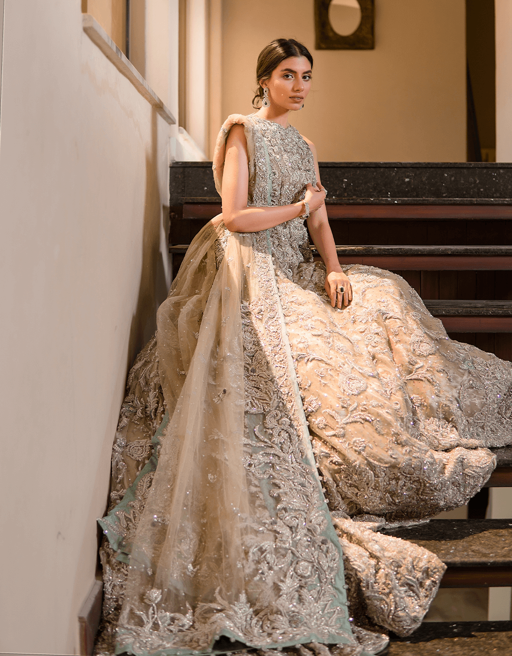 Ivory Beige Embellished Net Gown (2-Piece) - Image 3