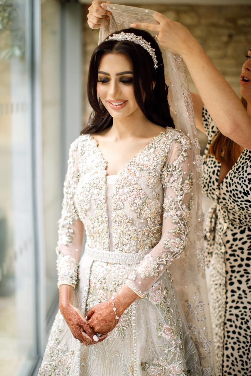 Pakistani Ivory Hand-Embellished Net Bridal Maxi (2-Piece) - Image 5