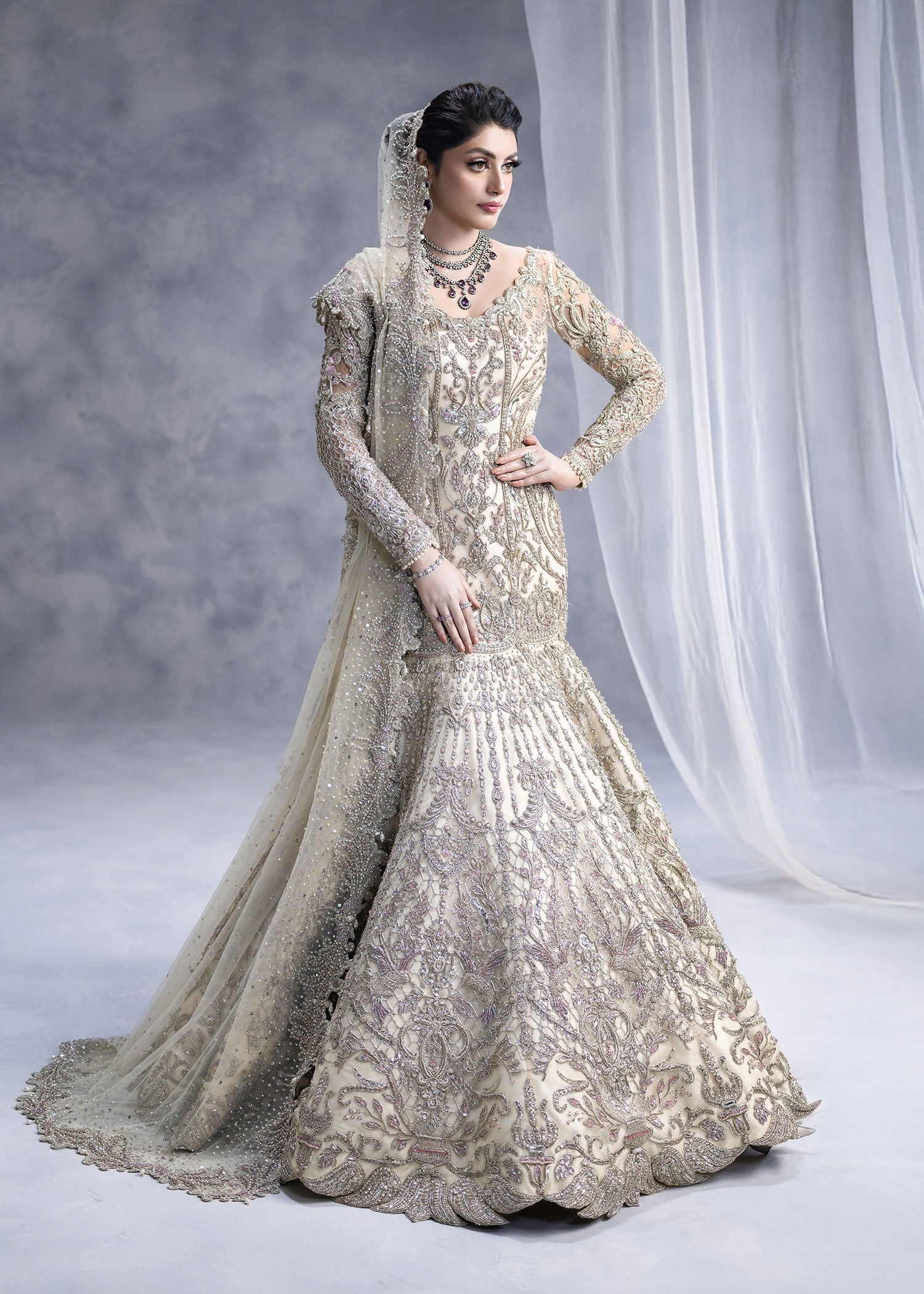 Ivory Zardozi Net Silk Bridal Gown (2-Piece) - Image 1