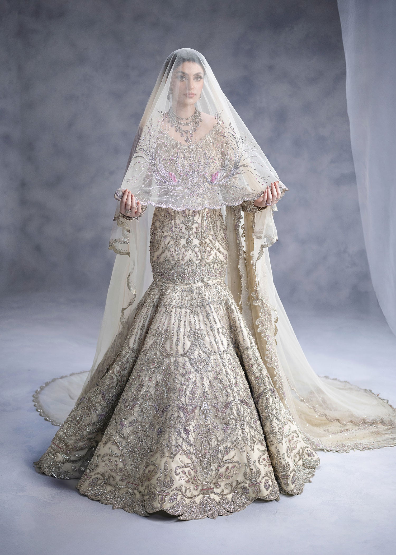 Ivory Zardozi Net Silk Bridal Gown (2-Piece) - Image 6