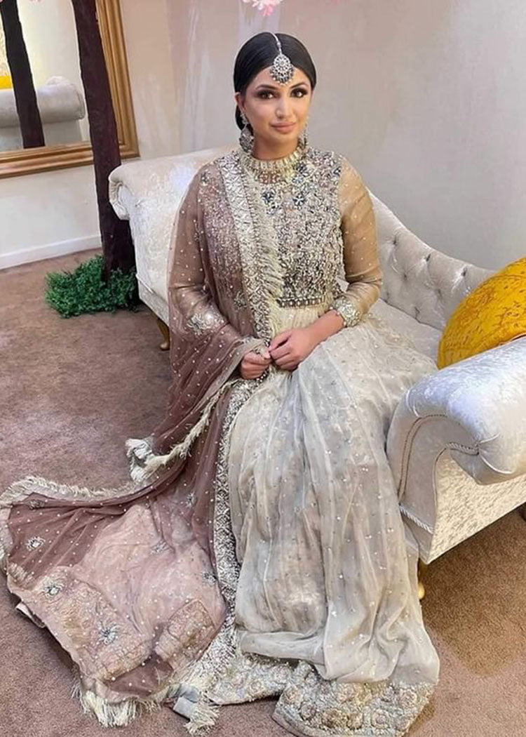 Pakistani Ivory Silver Embroidered Net Bridal Gown (2-Piece) - Image 1