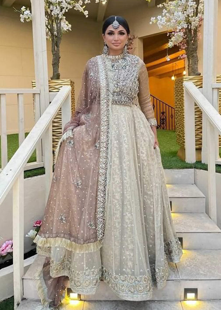 Pakistani Ivory Silver Embroidered Net Bridal Gown (2-Piece) - Image 2