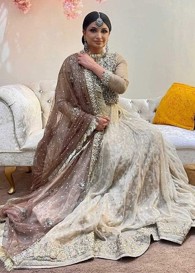 Pakistani Ivory Silver Embroidered Net Bridal Gown (2-Piece) - Image 3