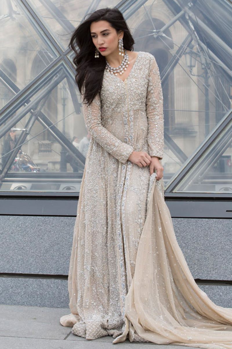 Almond Silver Embroidered Net Gown (2-Piece) - Image 1