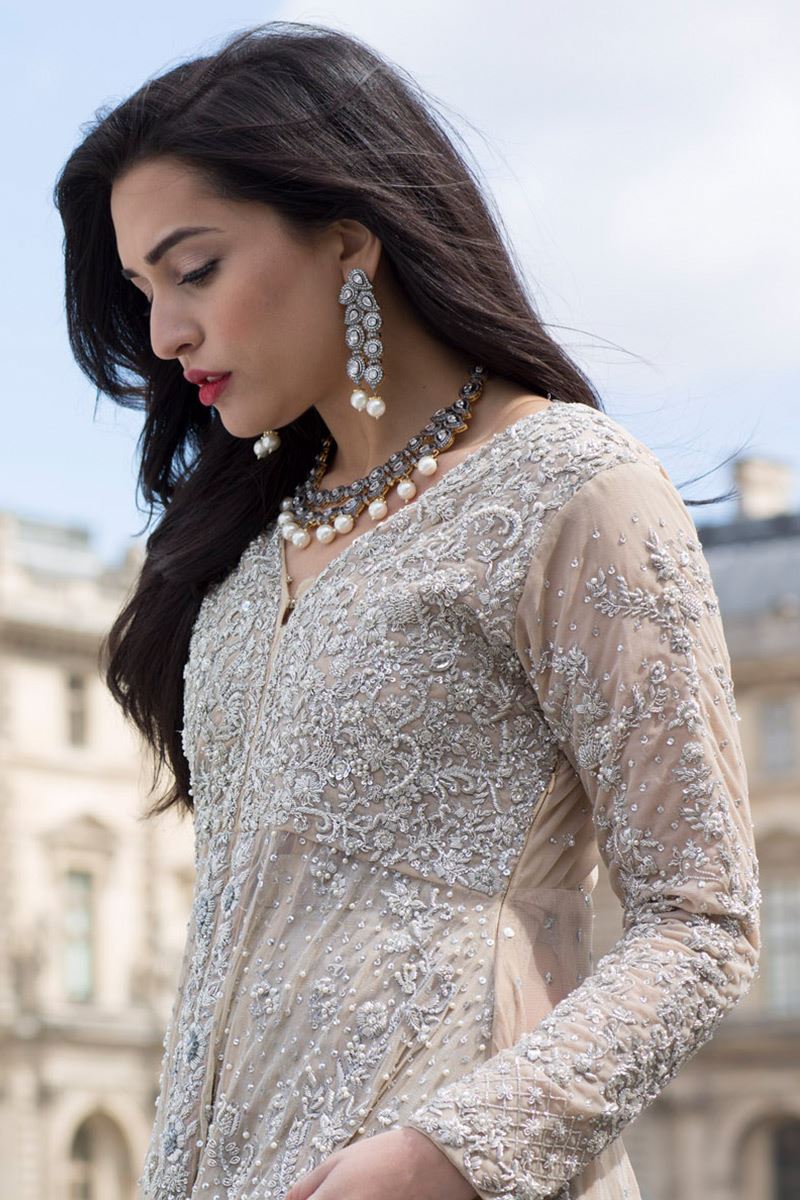 Almond Silver Embroidered Net Gown (2-Piece) - Image 2