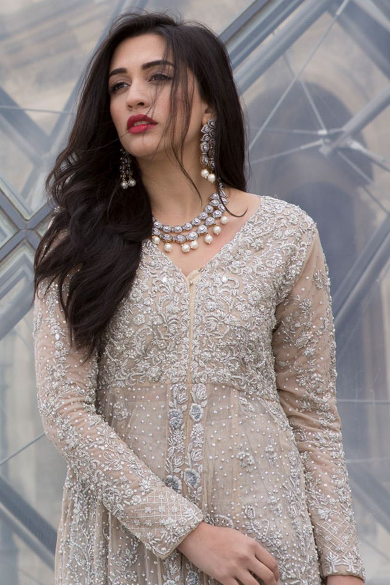 Almond Silver Embroidered Net Gown (2-Piece) - Image 4