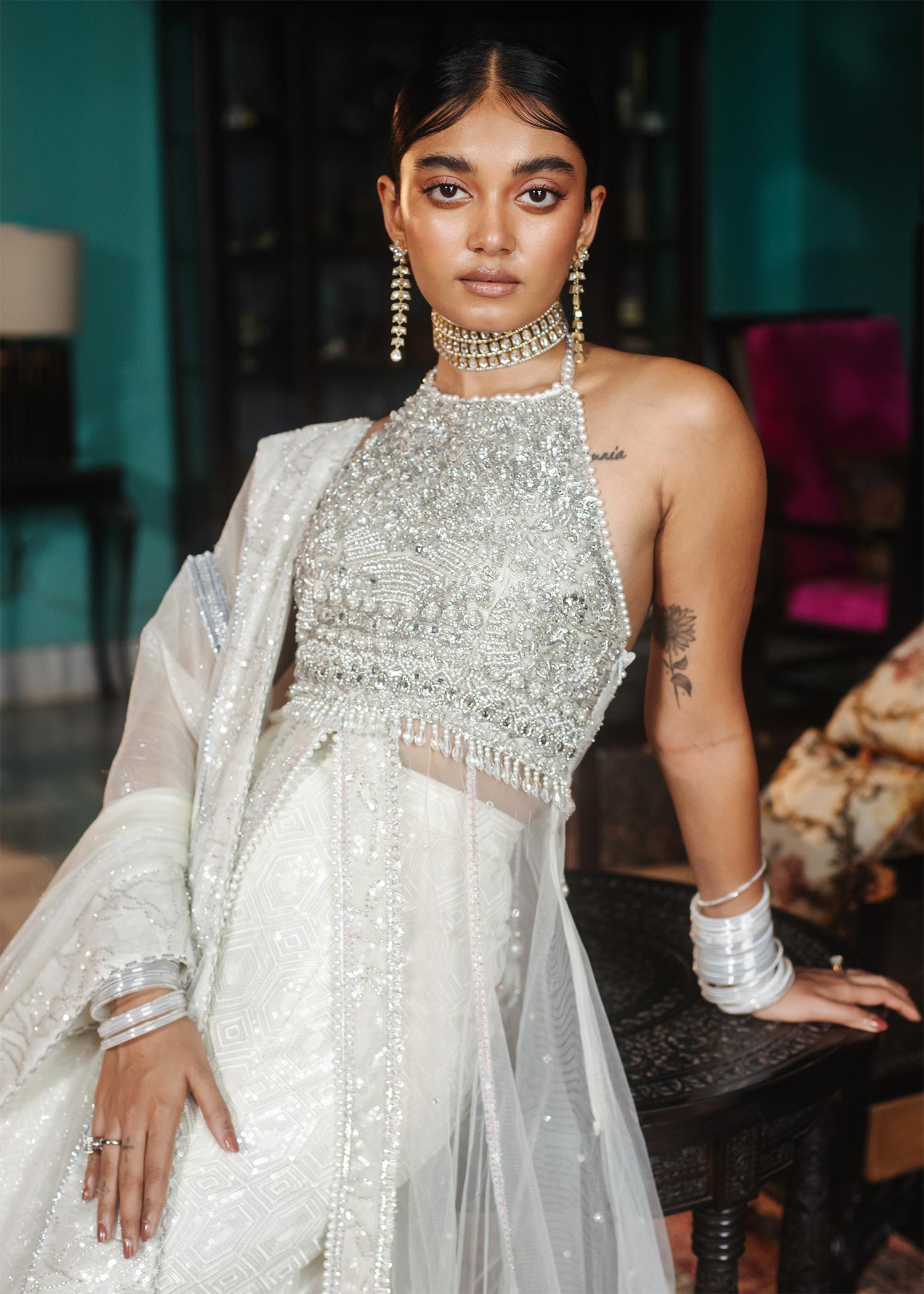 Ivory Swarovski Embellished Net Gown (3-Piece) - Image 4