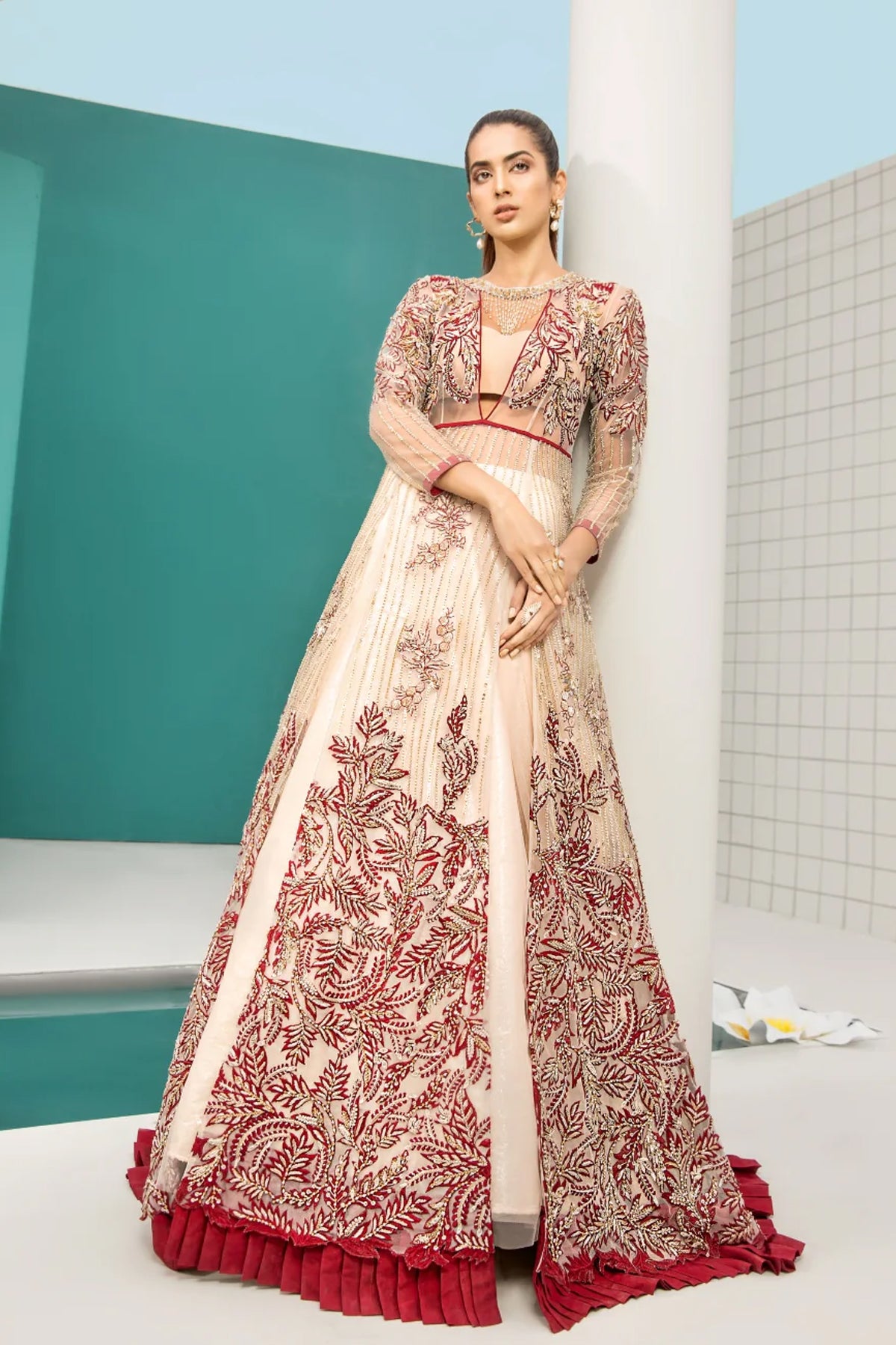 Pakistani Ivory and Deep Red Embroidered Net Gown (1-Pc) - Image 1