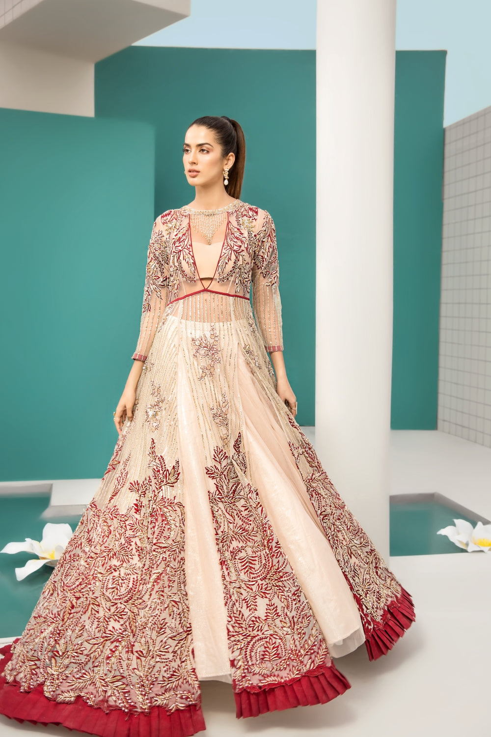 Pakistani Ivory and Deep Red Embroidered Net Gown (1-Pc) - Image 2