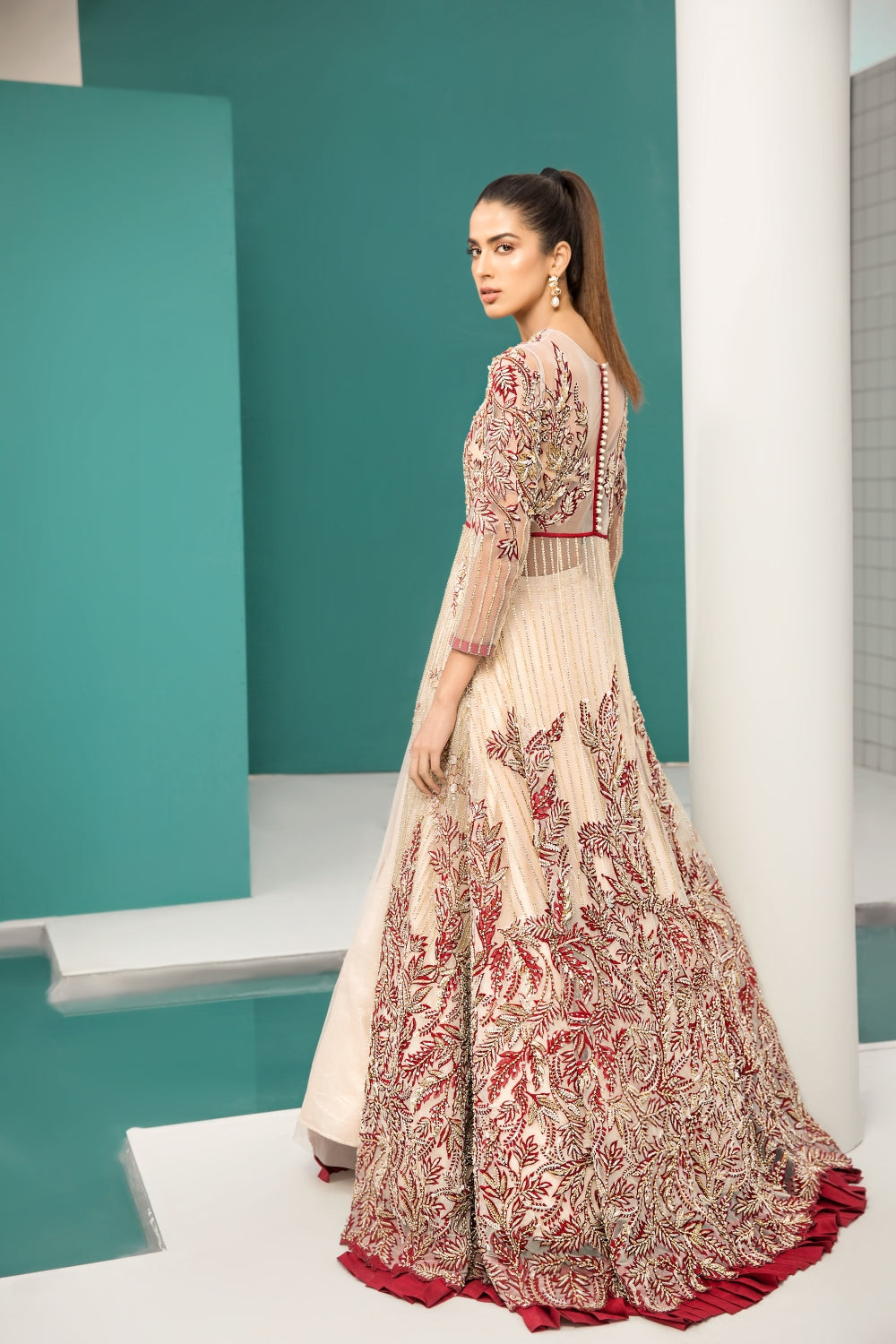 Pakistani Ivory and Deep Red Embroidered Net Gown (1-Pc) - Image 3