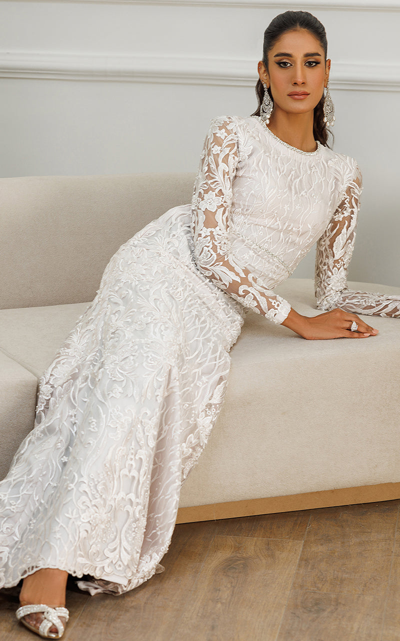 Ivory Embroidered Net Maxi Dress (1-Pc) - Image 4