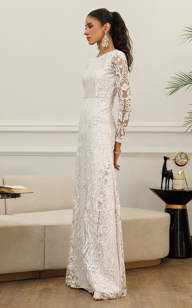 Ivory Embroidered Net Maxi Dress (1-Pc) - Image 5
