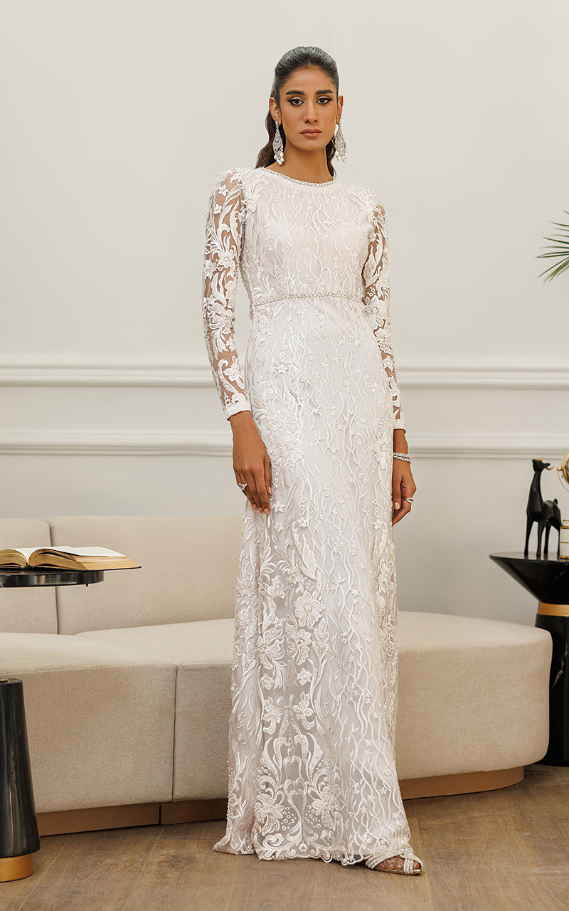 Ivory Embroidered Net Maxi Dress (1-Pc) - Image 6