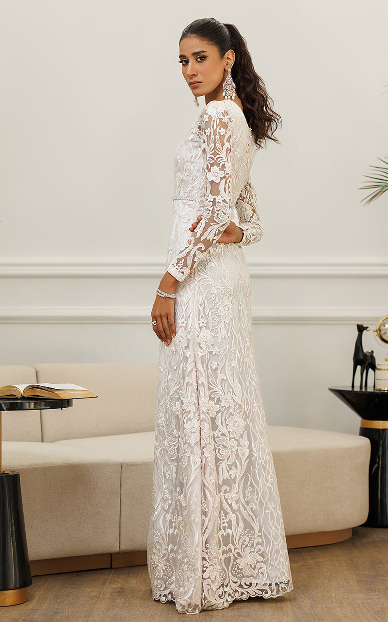 Ivory Embroidered Net Maxi Dress (1-Pc) - Image 7