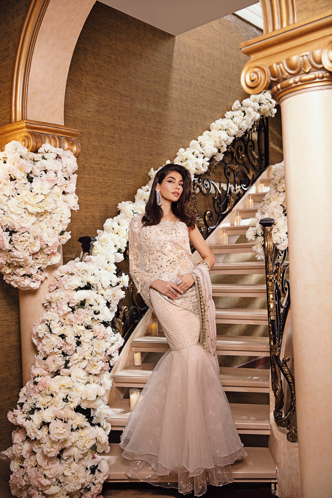 Pakistani Ivory Embellished Net Mermaid Gown (2-Piece) - Image 1