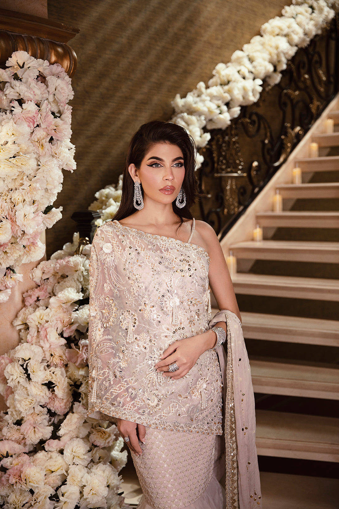 Pakistani Ivory Embellished Net Mermaid Gown (2-Piece) - Image 2