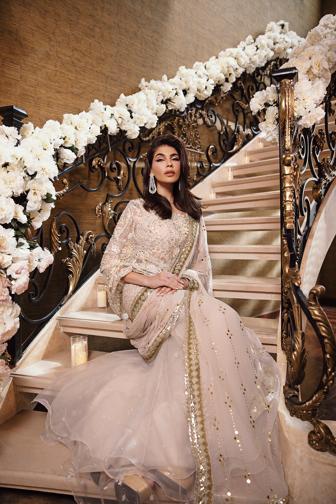 Pakistani Ivory Embellished Net Mermaid Gown (2-Piece) - Image 3