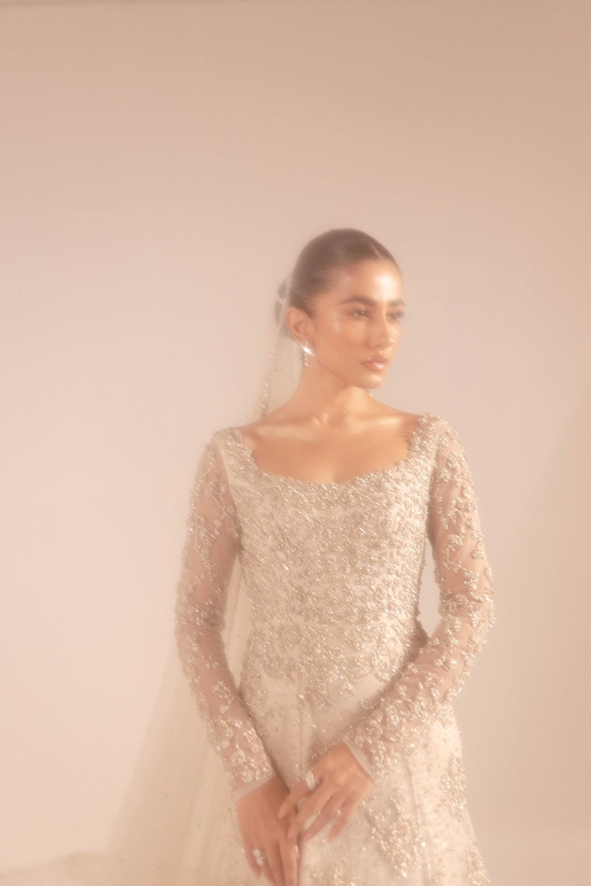 Pakistani Ivory Zardozi Net Mermaid Bridal Gown (2-Piece) - Image 1