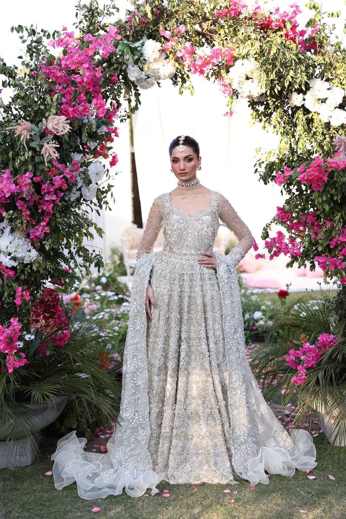 Off-White Embroidered Net Bridal Gown (3-Piece) - Image 1