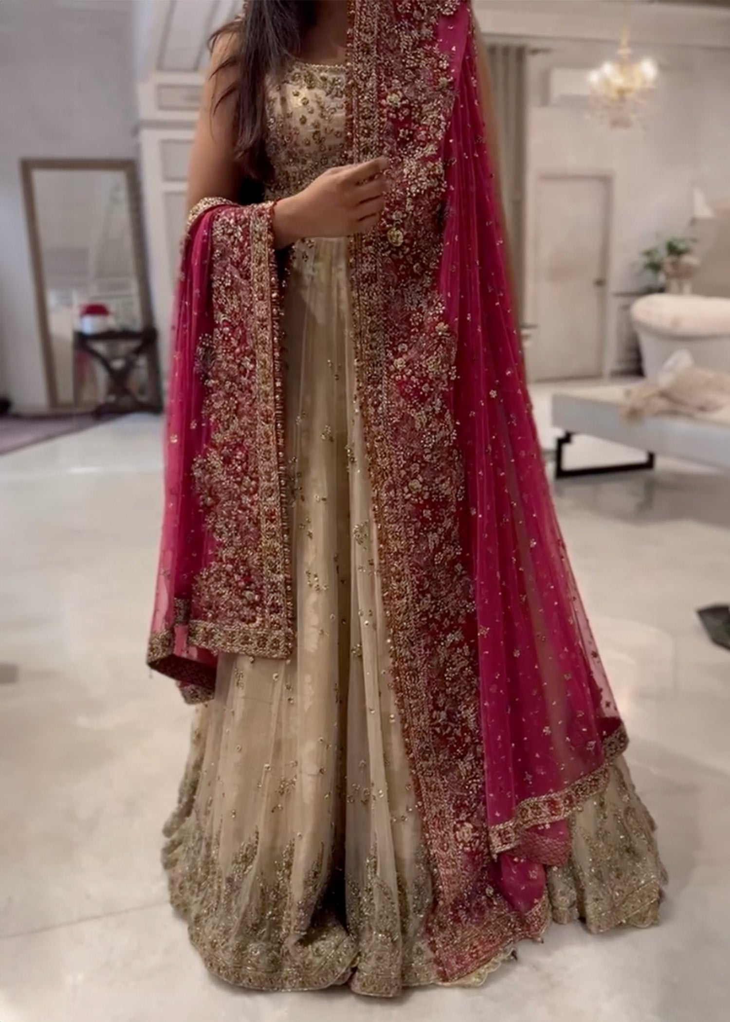 Ivory Zardozi Net Silk Bridal Gown (2-Piece) - Image 1