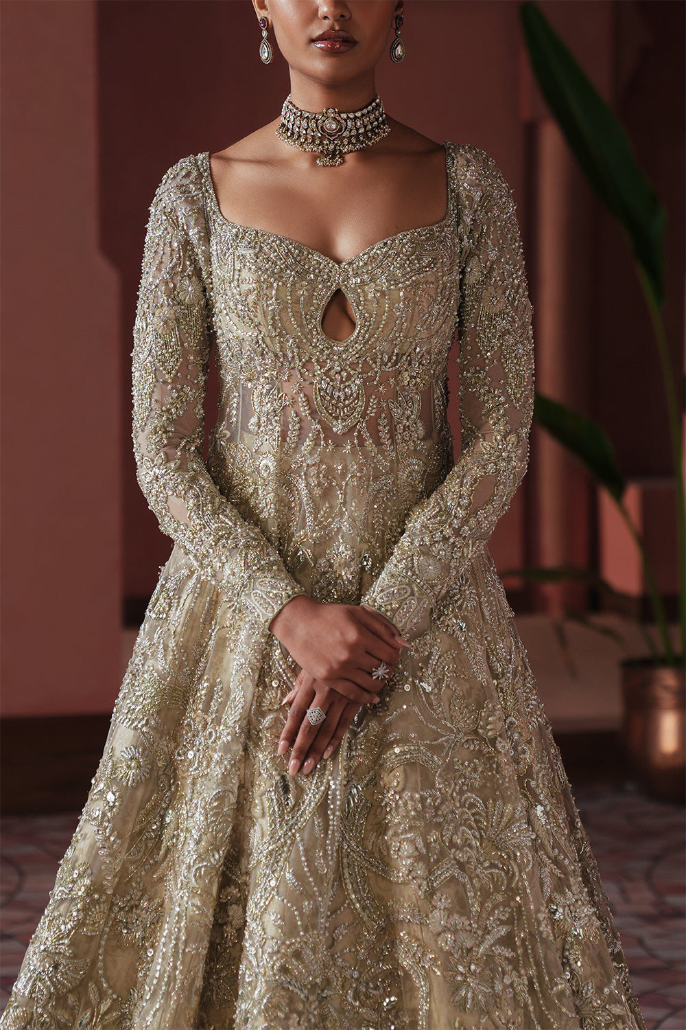 Ivory Beige Zardozi Net Gown (2-Piece) - Image 2
