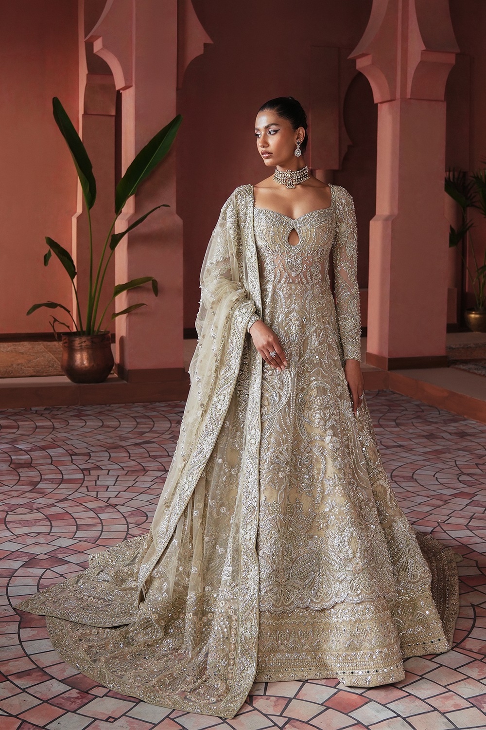 Ivory Beige Zardozi Net Gown (2-Piece) - Image 3