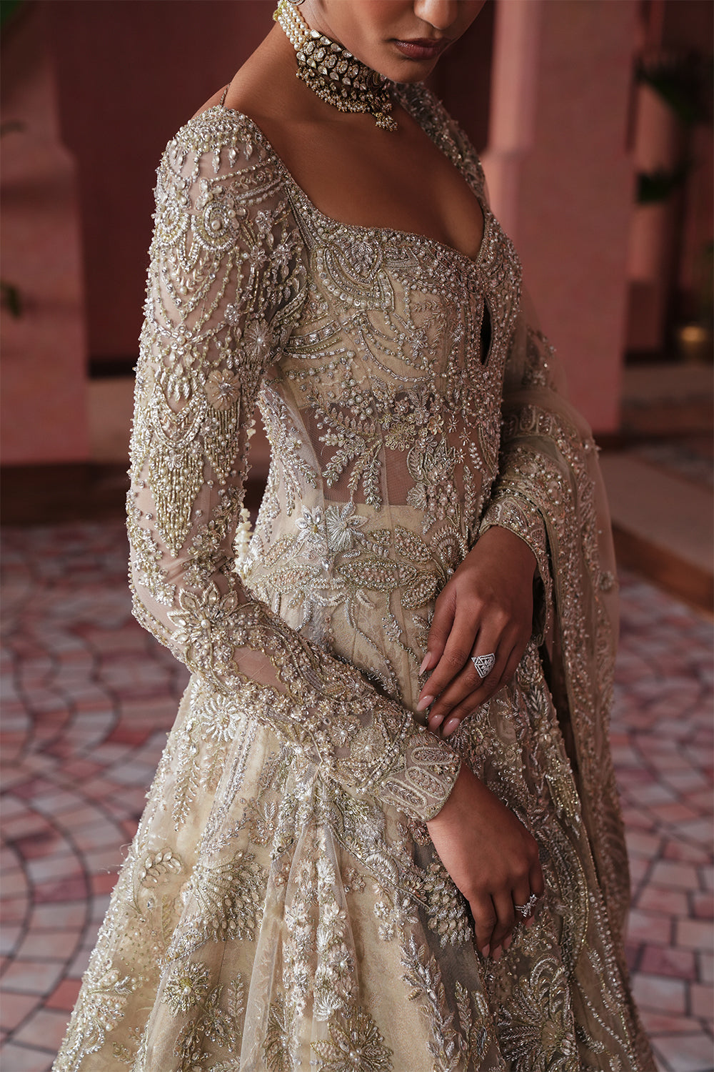 Ivory Beige Zardozi Net Gown (2-Piece) - Image 6