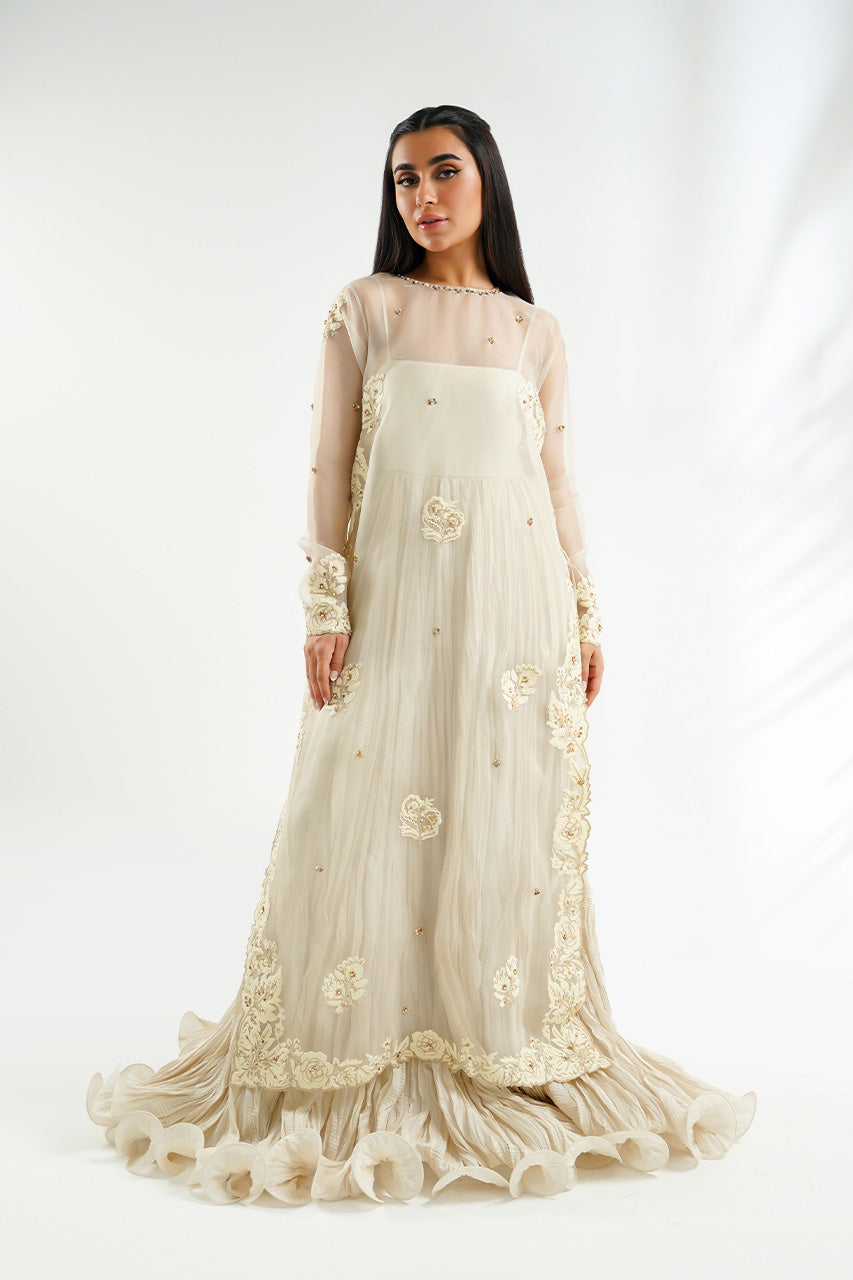 Pakistani Ivory Aari Embroidered Organza Khaddi Silk Gown (1-Pc) - Image 1