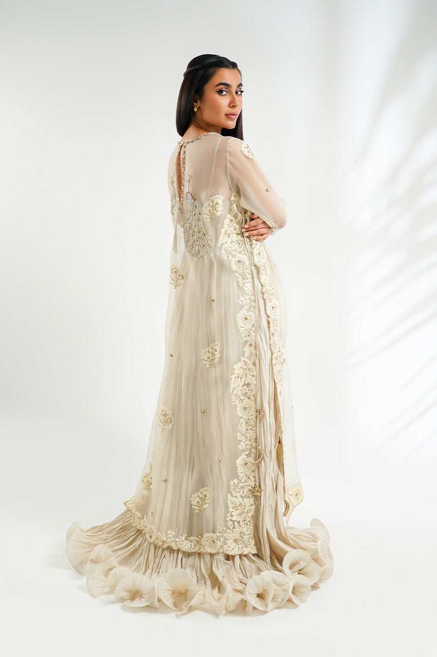 Pakistani Ivory Aari Embroidered Organza Khaddi Silk Gown (1-Pc) - Image 2